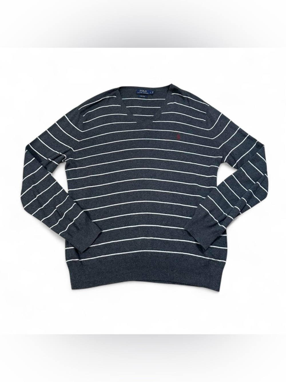 Polo Ralph Lauren Men’s Striped Gray Pima‎ Cotton V-Neck Sweater Size Large